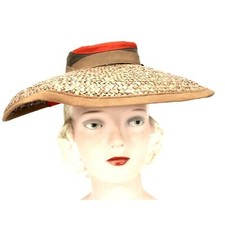 Vintage Wide Brimmed Straw Hat 1940s Brown New York Creation WW2 Guernsey Pie