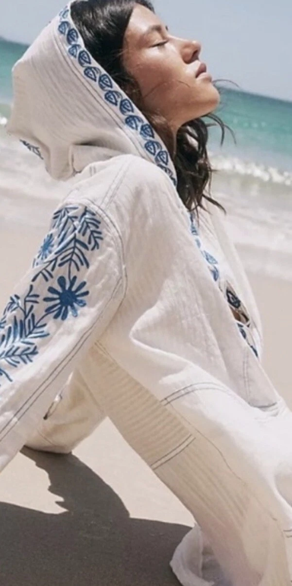 OFF WHITE Free People Lagos felpa con cappuccio ricamata donna taglia XS blu avorio nuova con etichetta $168