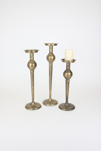Vintage Style Tall Antiqued Brass Set 3 Candle Stick Round Base Gold Holder - Picture 3 of 4