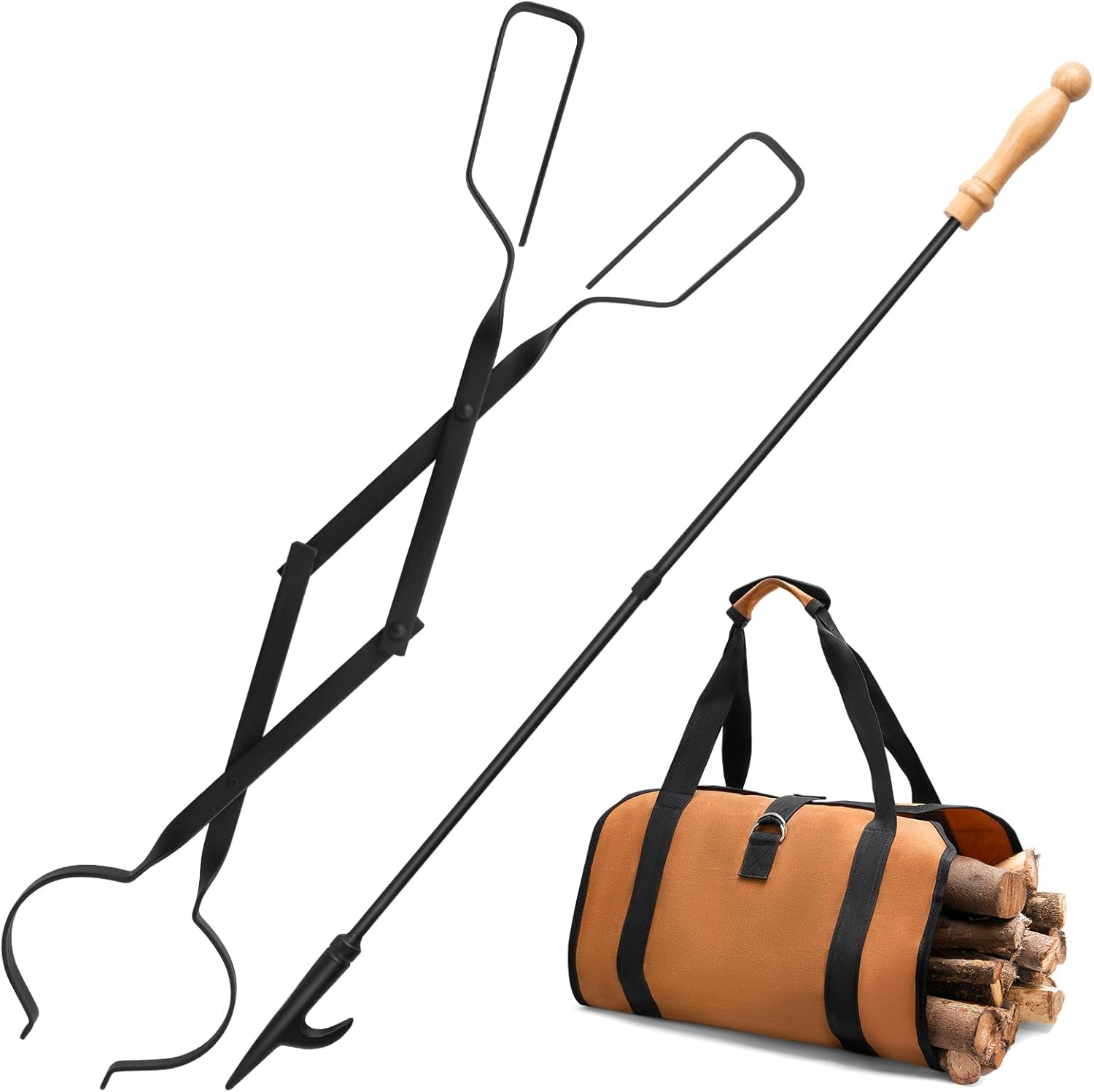 Firewood Carrier + Fire Poker + Fireplace Tongs - Fire Pit Tools for Indoor and
