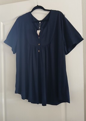 VISLILY 26W Navy Blue Tunic Top Henley Short Sleeves Stretchy