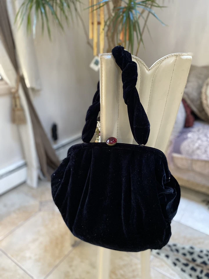 Vtg Bag Evening  Goth Boho Unique Velour Black Bronze Red Closure Bag Cool Retro - Image 2 of 4