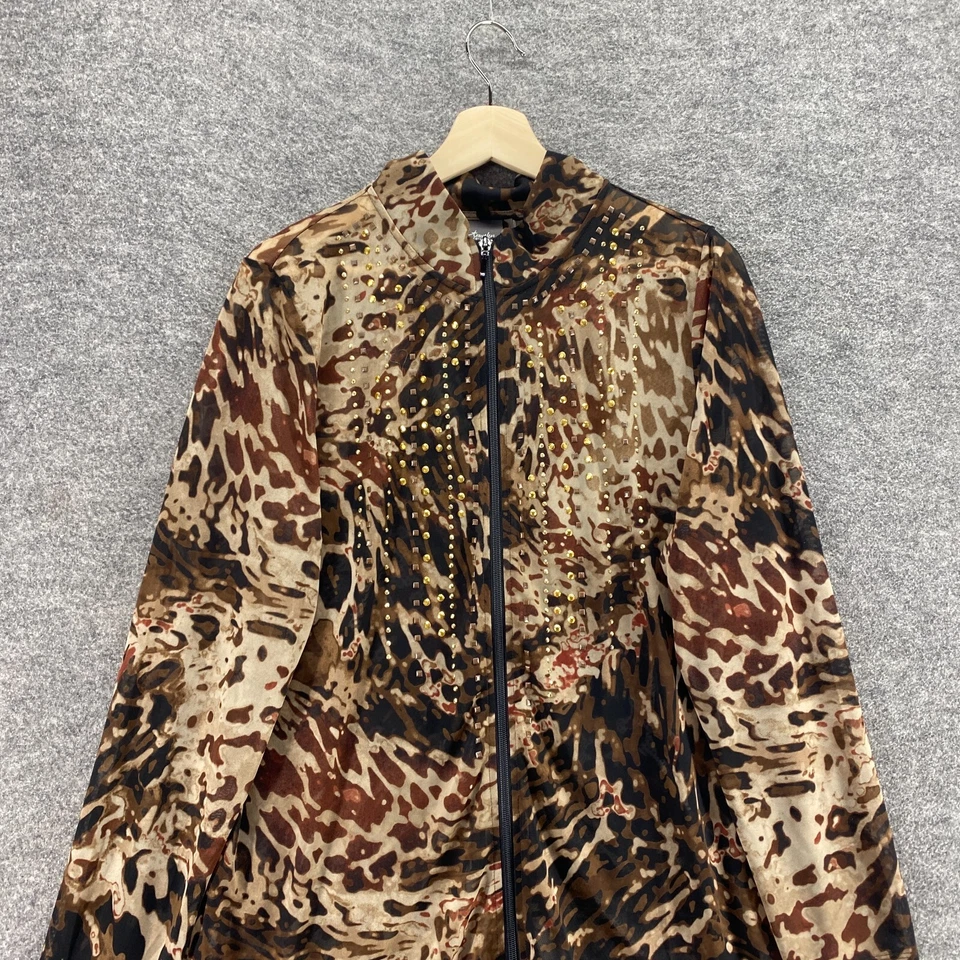 Chico's Blouse Women M Medium Brown Geometric Full Zip Travelers Rhinestone - Image 3 of 4