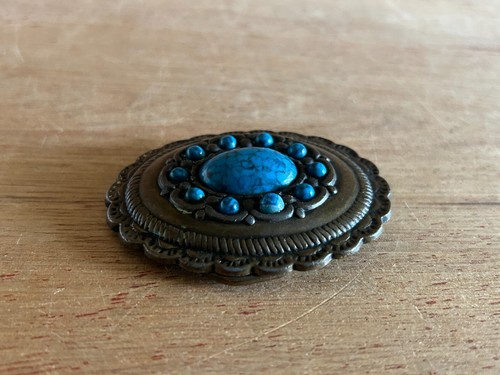 Belt Buckle Faux Turquoise Brass Tone Southwestern Concho Style Western Vtg - Picture 14 of 21