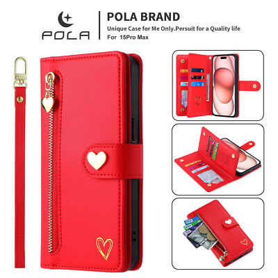 Leather Card Slot Wallet LOVE Case Strap For iPhone 16 15 Pro Max 14 Plus 13 12