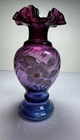 T. Gaskins Signed Hand Painted Fenton Glass Vase Purple Blue Floral