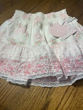 Love Shack Fancy Girls Floral Patterned Ruffled Smocked Skirt Size 10 Pink NWT