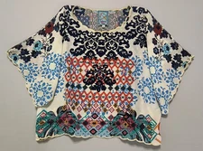 JOHNNY WAS Colorful Lenora Silk Top Embroidered Scalloped Edge Dolman Sleeve S