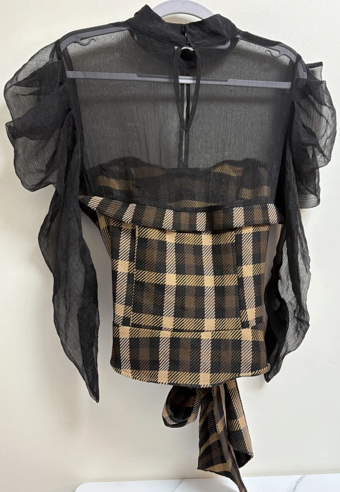 New York & Company Women's sheer Black Mesh Plaid Tie Front Blouse Top M Medium - Image 2 of 4