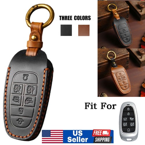 Real Leather Car Key Fob Case Cover Bag For Hyundai Santa Fe Sonata Tucson US