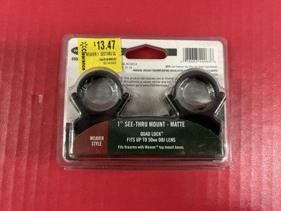 Weaver 49063 Quad Lock Detachable See-Thru Scope Ring 1'' Matte 50MM OBJ Lens New