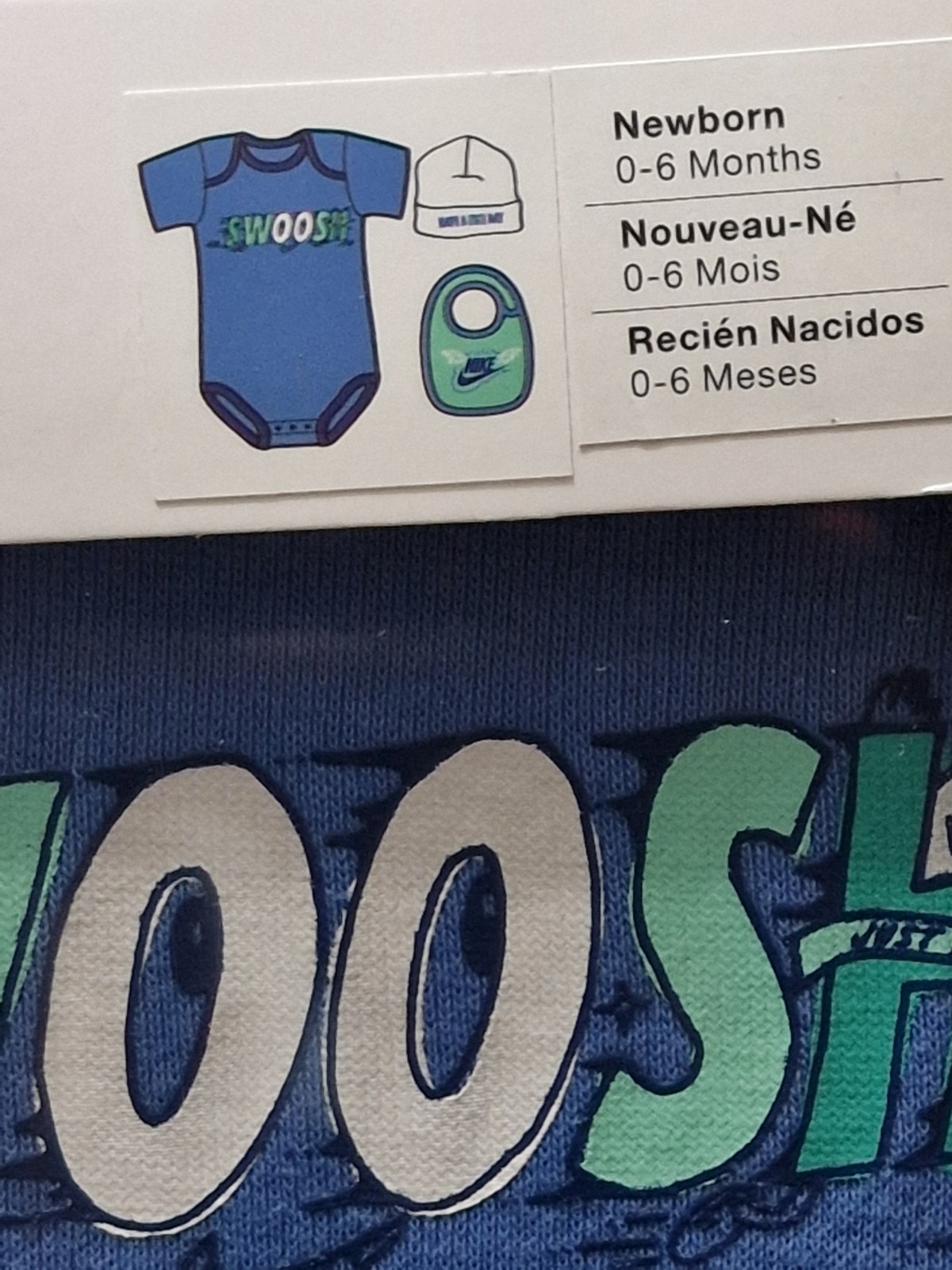 Nike Swoosh 3 Piece Baby Outfit Set Blue Green Bodysuit, Hat & Bib 0-6month 