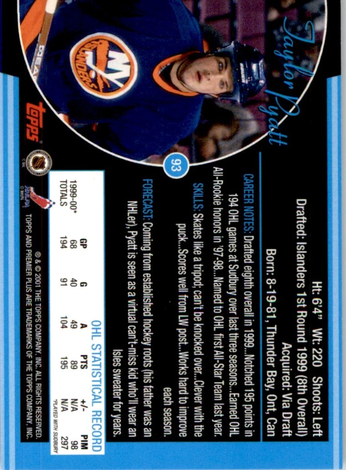 2000-01 Topps Premier Plus Taylor Pyatt New York Islanders #93 - Image 2 of 2