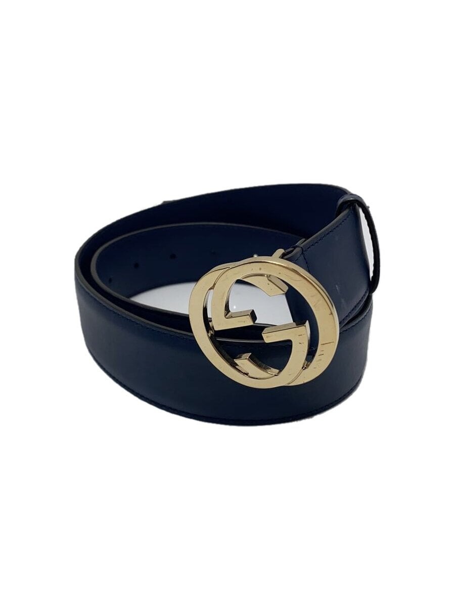 Authentic GUCCI Navy Leather Belt with Interlocking G Buckle Italy Womens Japan RIN