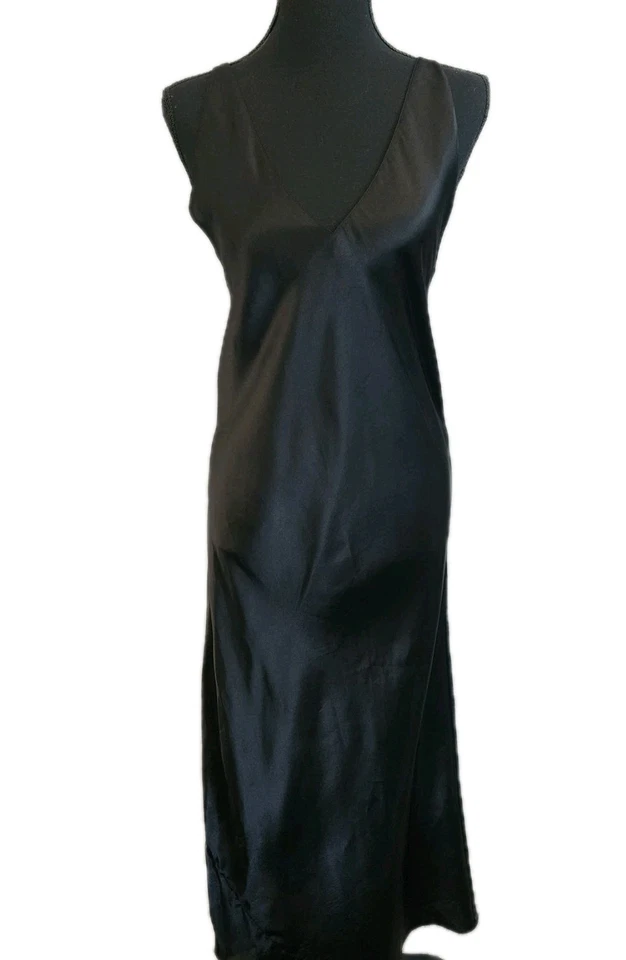 Maxi Vestido Sin Mangas Y2k Fredericks Hollywood Negro Satinado Vestido Tirantes Glamour Años 90 S Foto 4 de 4