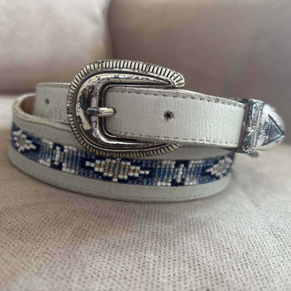 Nocona Beaded Genuine White Leather Southwest Native American Belt Sz 30-34 - Image 2 of 4