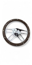 14" Billet Chrome Steering Wheel with Mahogany Wood Half Wrap, 4 SPOKE CHROME