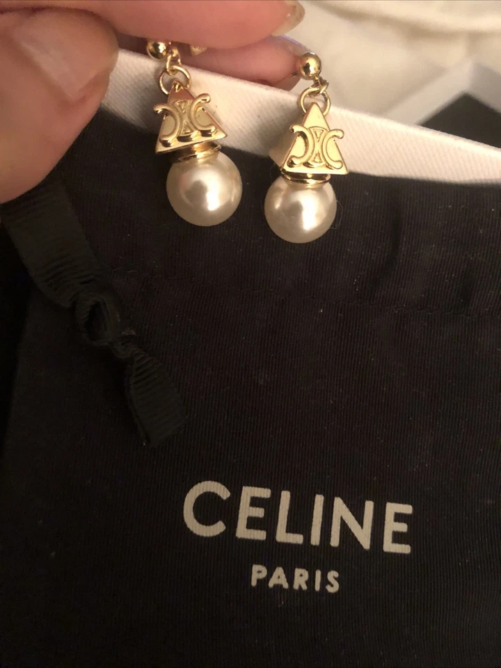 Celine Pyramid Golden Pearl Earrings Paris New - Image 2 of 4