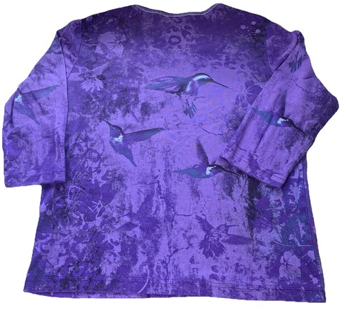 Cactus Bay Purple Hummingbird Floral Print 3/4 Sleeve Top XL Made in USA - Picture 8 of 8