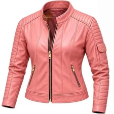 women's Pink Leather Jacket, Quilted Cafe Racer Style with Slim Fit and Gold Zip