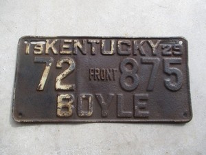 Kentucky 1929 Boyle front license plate # 72 875