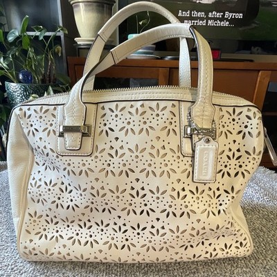 Coach Beige Floral Cutout Satchel Top Handle Bag Zip Closure Double Handles