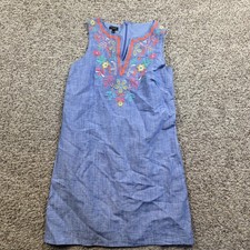 Talbots Dress Womens 6 Embroidered Floral Sleeveless Chambray Linen Cotton Shift