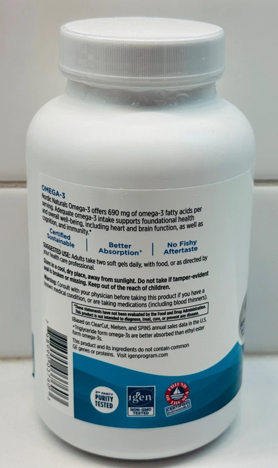 Nordic Naturals 690 mg Omega 3 aceite de pescado purificado geles suaves 180 unidades caducidad 3/27 nuevo Foto 3 de 3
