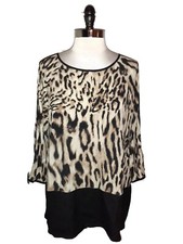 CHICO'S Size 3 16 18 XL Shirt Top Black Brown Leopard Animal Print 3/4 Sleeve