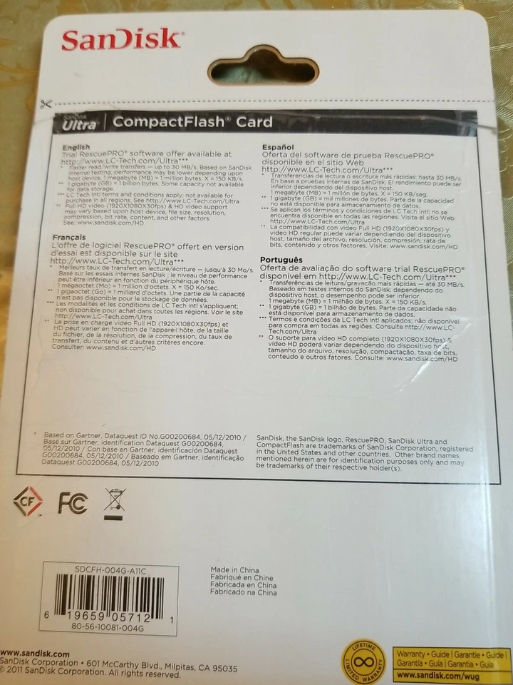 SanDisk CF 4GB Ultra 30MB/s Compact Flash Memory Card 15MB/s (SDCFH-004G-A11C) - Image 2 of 4