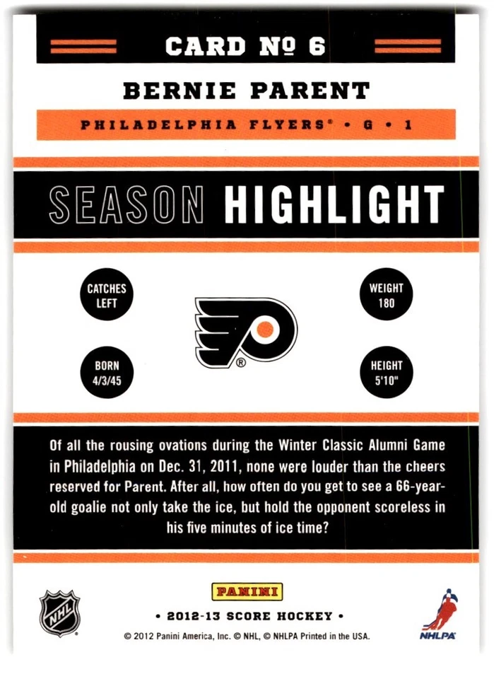 2012-13 Score Season Highlight Bernie Parent #6 Philadelphia Flyers - Image 2 of 2