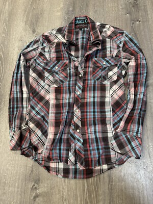 Rock & Roll Cowboy Shirt Men's Small Long Sleeve Slim Western Plaid Pearl Snap