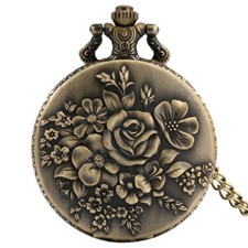 Retro Style Bloom Flowers Quartz Pocket Watch Arabic Numerals Display with Chain