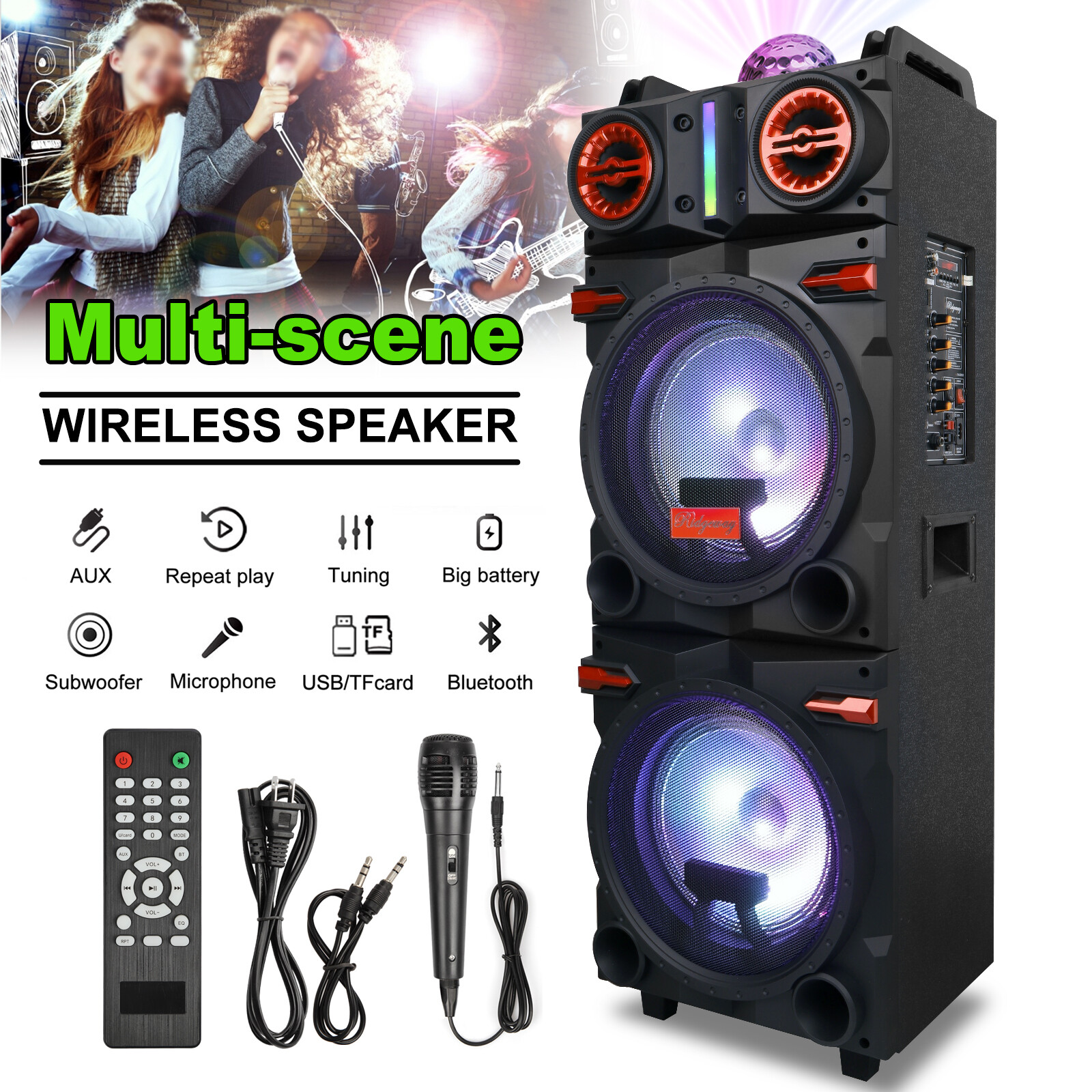 Dual 10-inch Bluetooth Speakers with Remote and Ambient Lights for Home Audio