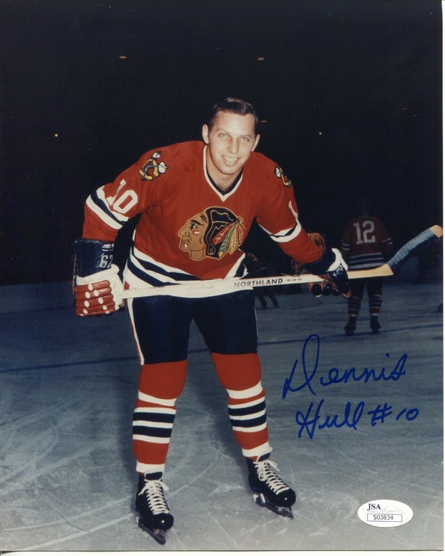DENNIS HULL Chicago Blackhawks 1964-77 signed color Photo in action JSA COA