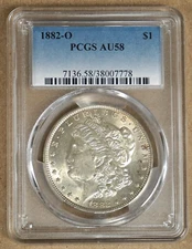 1882-O MORGAN SILVER DOLLAR, VAM-1A, PCGS AU58 007778