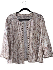 CHICO'S Womens Linen Blend Open Front Jacket Beaded Sz 3 Animal Prints Artsy