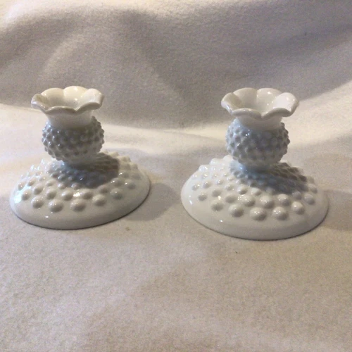 Vtg Pair White Hobnail Milk Glass Candlesticks Unmarked Fenton Like