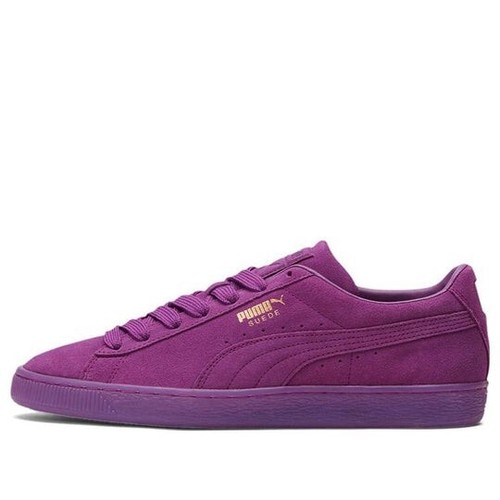 purple and gold suede pumas