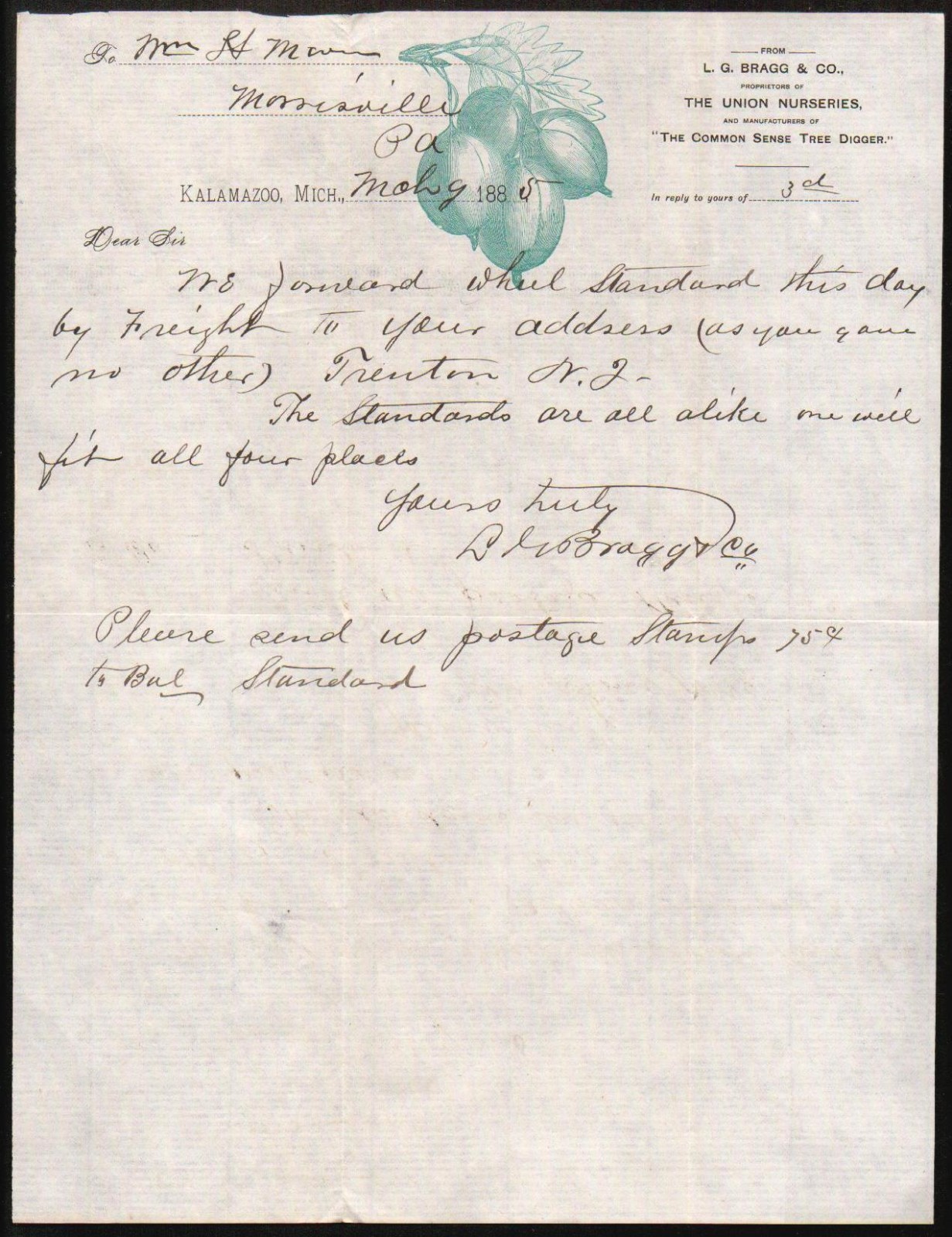 1885 Kalamazoo MI Union Nurseries L G Bragg & Co History Letter