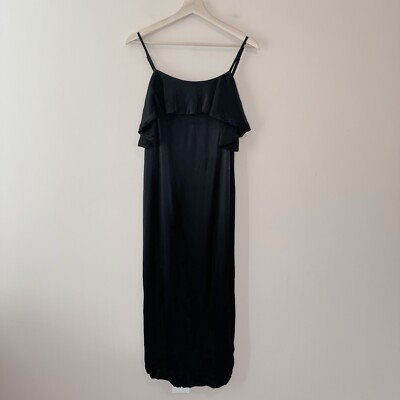 APIECE APART Pedernal Slip Dress Black Flounce Ruffle Neck Slit Midi Size 2