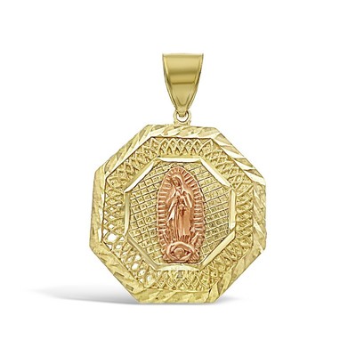 Virgin Mary Pendant 10k Two Tone Gold Lady Guadalupe Octagon Charm 1.4''