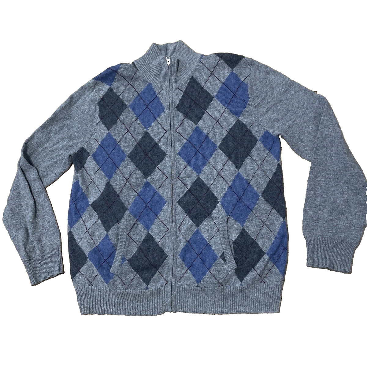 GAP Full-Zip Wool Blend Sweater Men XL Argyle Diamond Preppy Academia Blue  Gray