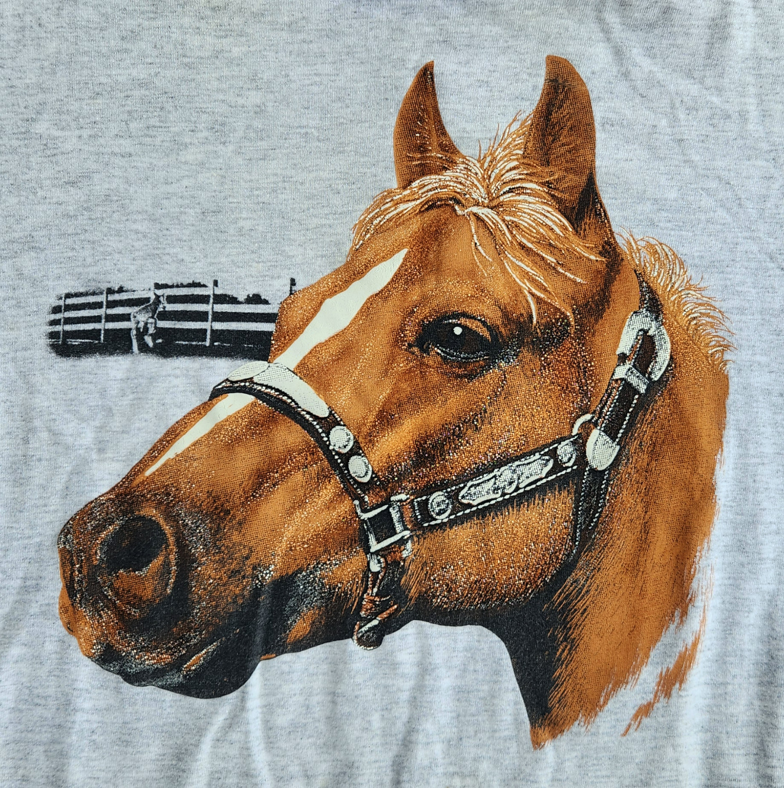 Camicia VINTAGE Cavallo Doppio Strato Grande Pony Fattoria Boho Punto Singolo anni 80 RARA