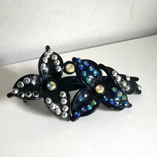 Vintage Black Rhinestone Flower Hair Clip Claw Plastic 4" Wide HY-P-35 Fancy