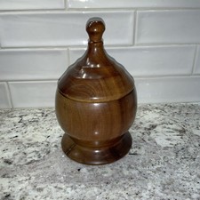 Vintage Trinket Box Turned Wood Smooth Round Dark Wood Box Bowl w/Lid