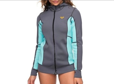 Roxy Syncro Neoprene Jacket Wetsuit Top Womens 6 Gray Teal Hooded Zip