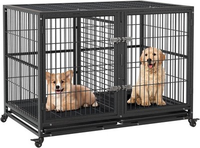 42/48'' Heavy Duty Dog Cage Metal Pet Crate w/Double Door for Large Medium Dog