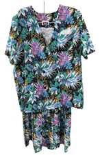 Vintage Two Piece Dress Jacket Set Floral Print Short Sleeve Double Breasted 3X