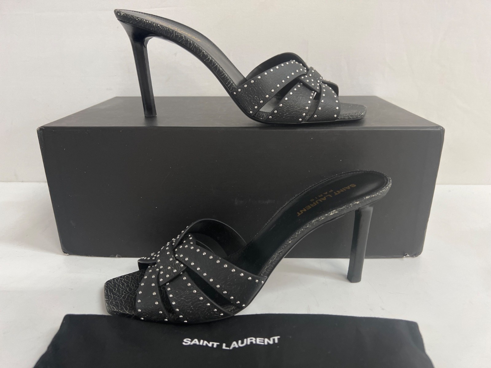 YSL Saint Laurent Tribute Cracked Leather Studded Mule Heels Sz 41 w/ COA